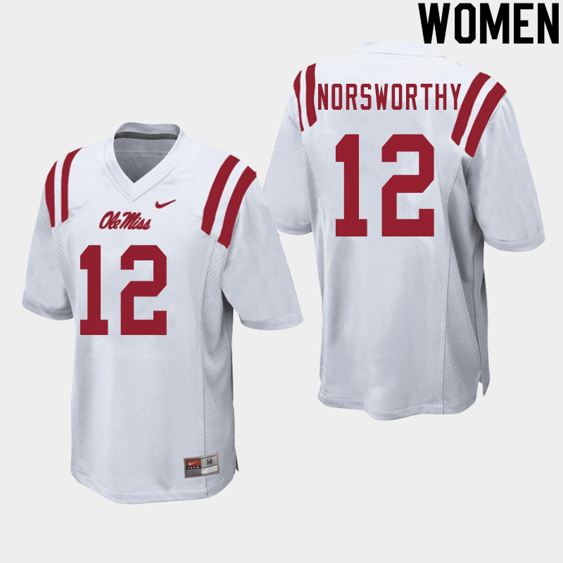Women #12 Adam Norsworthy Ole Miss Rebels College Football Jerseys Sale-White - Click Image to Close